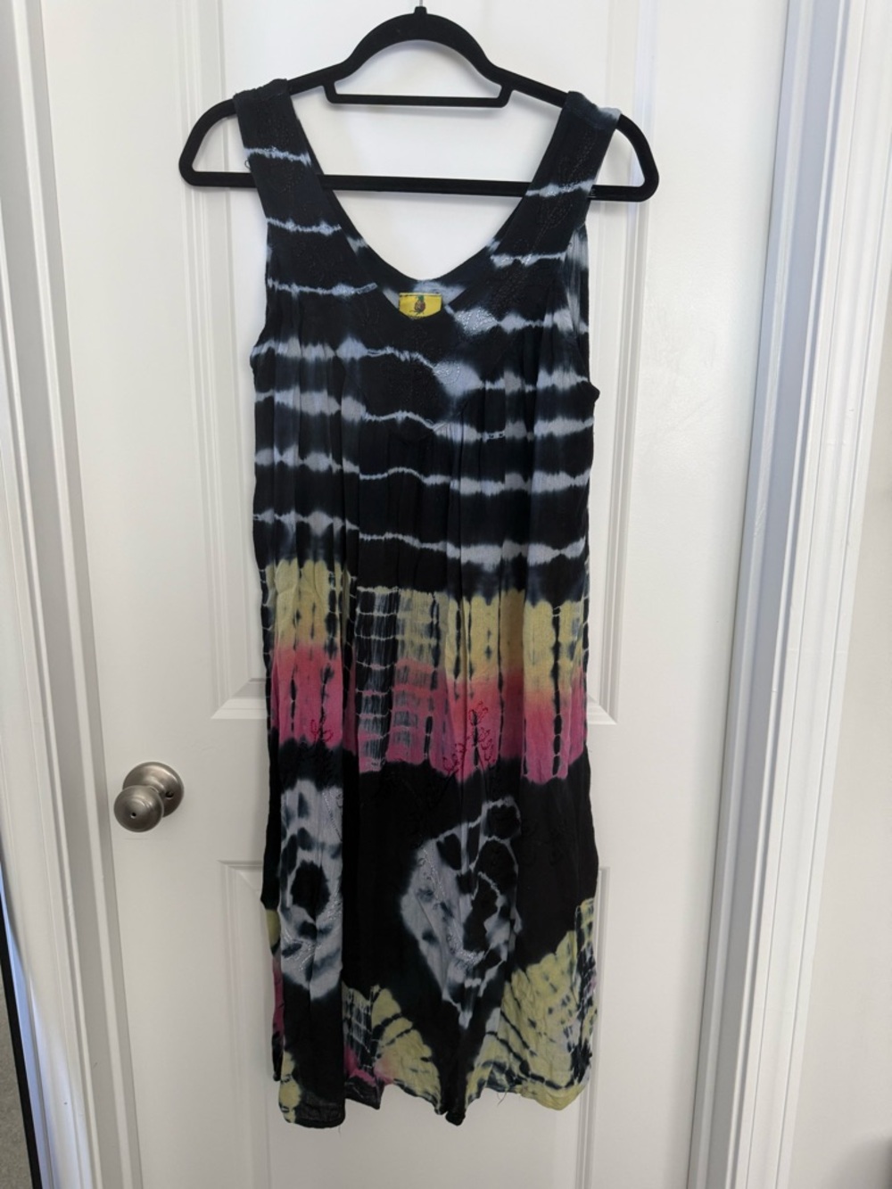 Tie-Dye Sleeveless Maxi Dress - Black with Pink & Yellow Accents